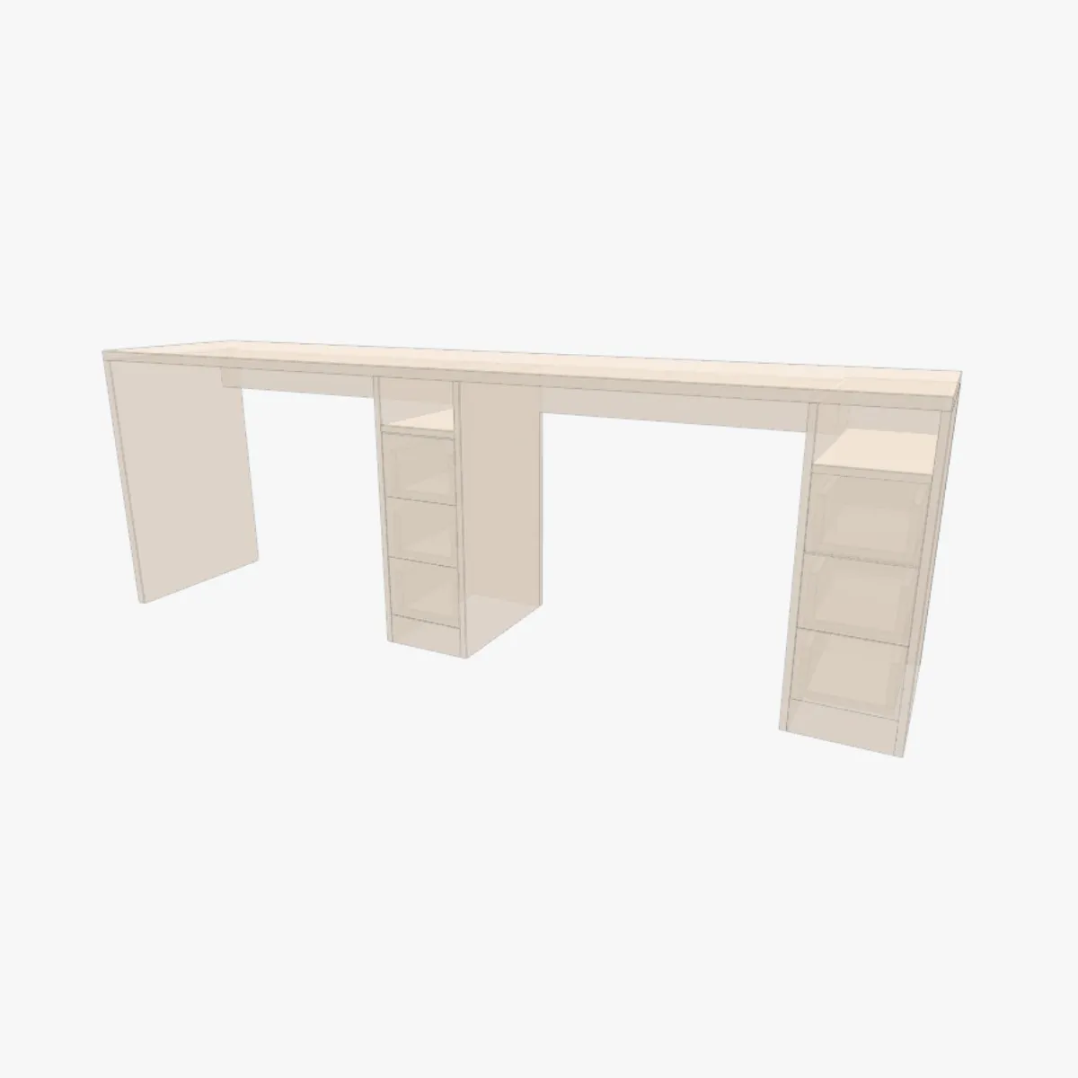 Long modern desk with open shelves, desk plans and DIY blueprints