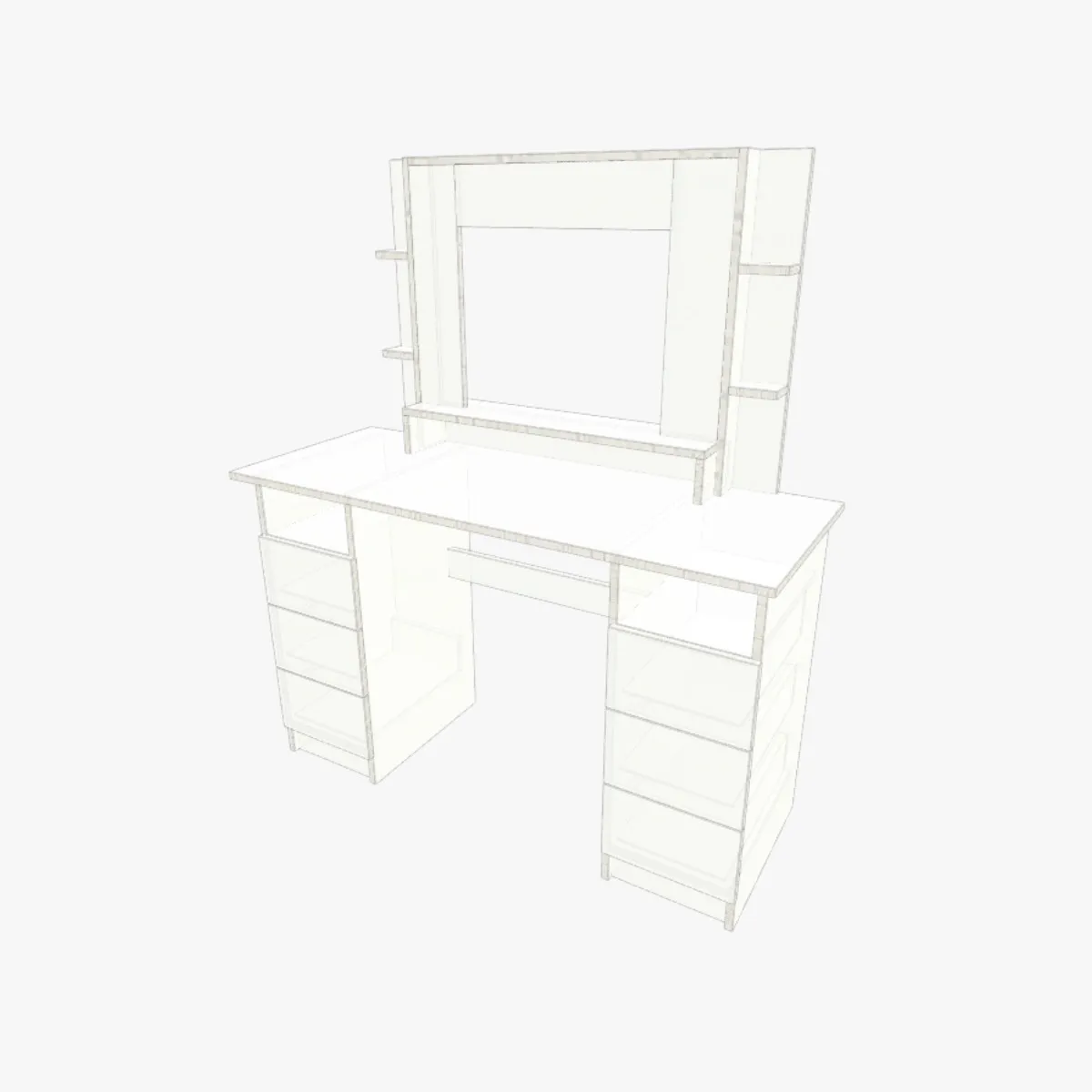 Projeto de penteadeira planejada com gavetas, nichos e espaço para espelho em MDP branco 16 mm