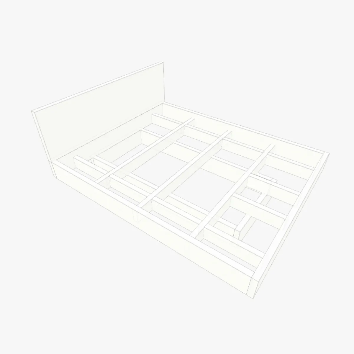 Estrutura de cama flutuante 160x200 com cabeceira e base recuada em vista técnica