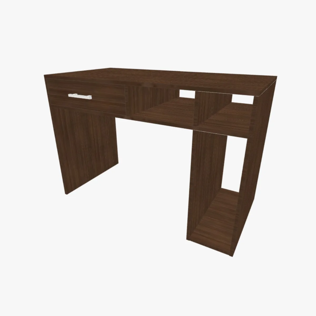 Escrivaninha em MDP amadeirado com nichos abertos e gaveta, projeto com plantas e medidas de mesa de escritório